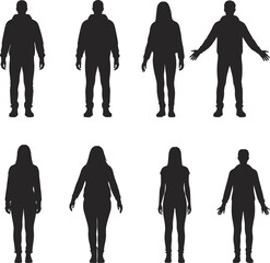 Human silhouettes standing in various poses, diverse male and female full body figures, black shadow outlines, isolated design, flat vector illustration