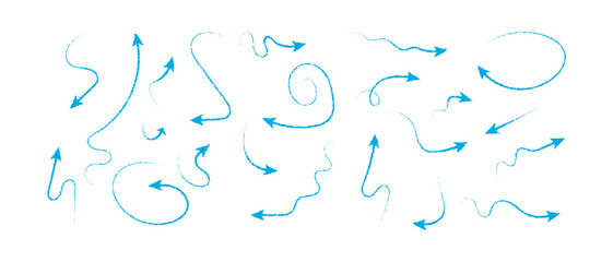 Collection of blue crayon scribble arrow vector icons. Abstract curved arrow line sign on white background