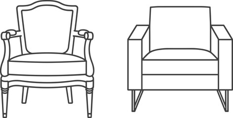 Vintage and modern armchair furniture line art collection, elegant chair outline icons for interior design and home decor projects, flat vector illustration