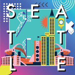 Seattle culture travel set, American famous architectures, USA in flat design. Business travel, tourism concept clipart. Memphis image for presentation, banner, website, advert, flyer, roadmap, icons