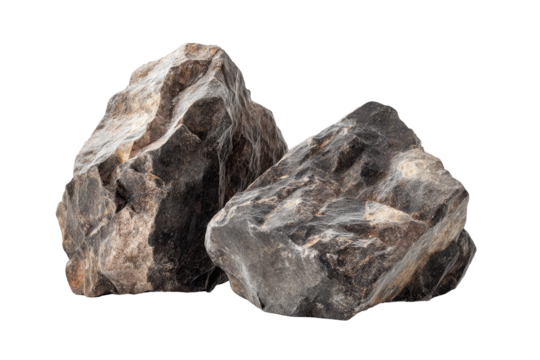 Two rough, gray-brown rocks.  Close-up, isolated against black.  Uneven, textured surfaces