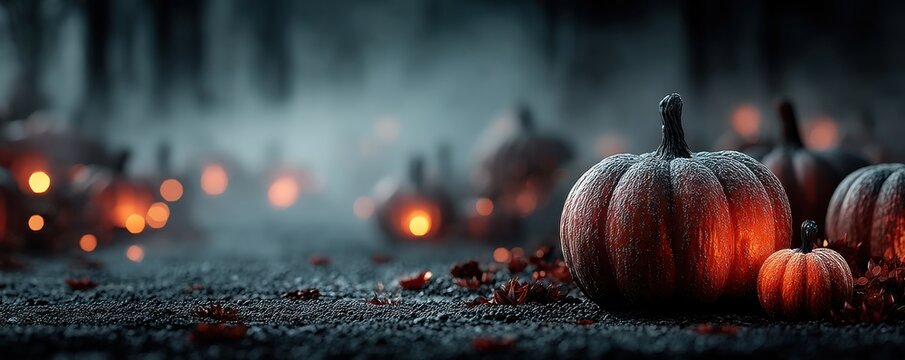 Eerie Halloween scene with glowing pumpkins in a foggy autumn forest setting