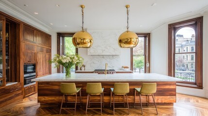 Modern luxury kitchen with large island and warm wood cabinetry.