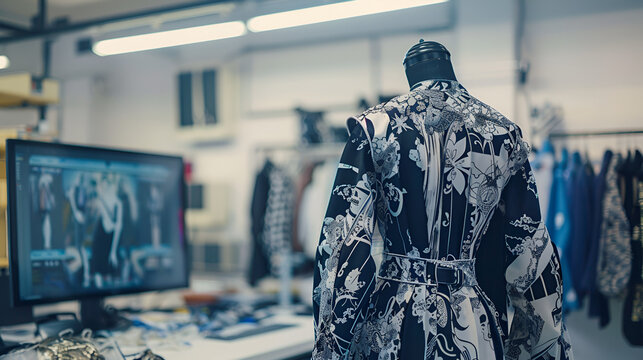 Mannequin displaying a black and white floral patterned dress in a bright fashion design studio space