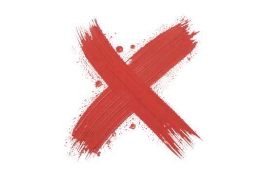 Bold brushstroke X mark in vibrant coral red, perfect for cancellation, denial, or marking errors, adding a creative touch to designs with its artistic textured effect and eye-catching color