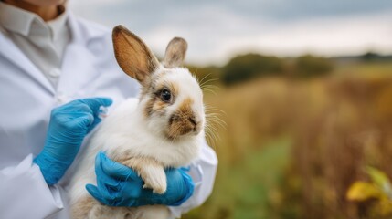 Veterinarian in white coat holds a fluffy rabbit with brown markings, surrounded by a lush green field, showcasing animal care and compassion in a natural environment
