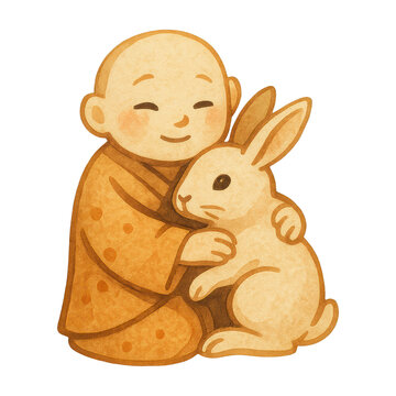 PNG Monk hugging cute rabbit