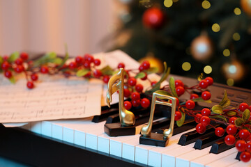 Golden music notes, sheets and Christmas decor on piano indoors, closeup. Bokeh effect