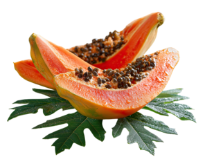 Two slices of ripe papaya resting on a tropical leaf, glistening with water droplets