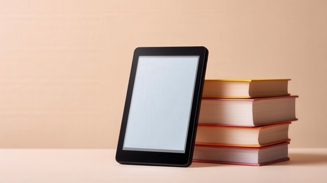 Black ebook device with blank screen positioned beside a stack of colorful hardcover books on a soft pastel background, representing digital reading and modern education - Powered by Adobe