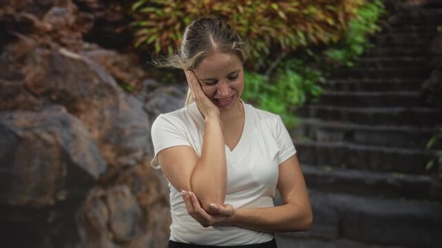 Woman with hand on cheek clutching elbow beside stone steps and rocks in a forest path; toothache pain.