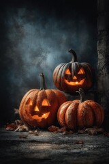 Three glowing jack-o'-lanterns with eerie faces against a gloomy background