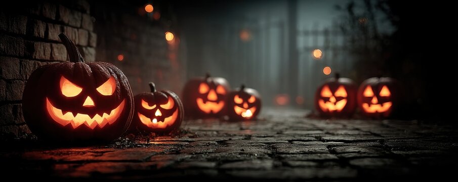 Halloween pumpkins glow on a cobblestone pathway at night