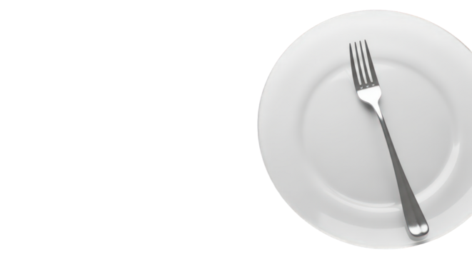 Silver fork on a white plate isolated on a transparent background for a dining experience