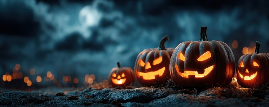 Halloween pumpkins with glowing faces in a moonlit spooky atmosphere