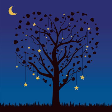Graphic tree with heart-shaped leaves and gold stars on branches on night sky background. Vector illustration