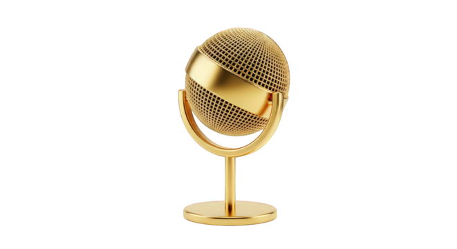 Golden vintage microphone isolated on a transparent background for music and podcast