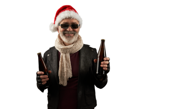 Smiling gray-bearded man in a Santa Claus hat and leather jacket holding bottles of beer. Png.