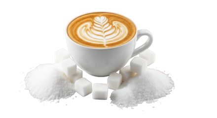 A cup of coffee with sugar cubes isolated on a transparent background 