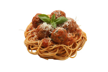 Classic Italian comfort food featuring spaghetti and meatballs with fresh basil and grated cheese, perfect for restaurant menus, food blogs, and culinary projects that evoke warmth and flavor