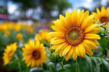 Fototapeta premium Close Up of Sunflower in Field with Blurred Background