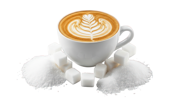 A cup of coffee with sugar cubes isolated on a transparent background 