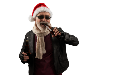A senior citizen wearing a Santa Claus hat and a black rocker jacket opens a beer bottle cap with his teeth. PNG.