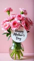 A vase filled with pink flowers accompanied by a 'Happy Mother's Day' sign