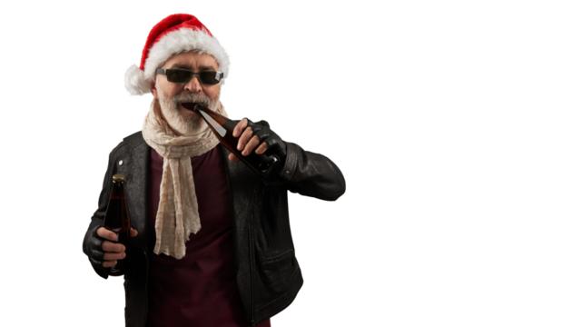 A senior citizen wearing a Santa Claus hat and a black rocker jacket opens a beer bottle cap with his teeth. PNG.