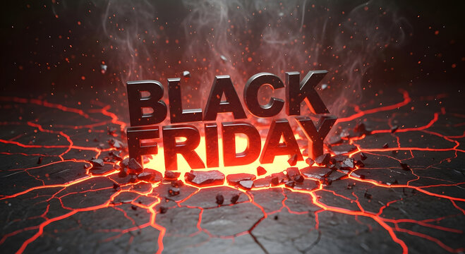 Black friday sale promotion event concept with dramatic text emerging from fiery cracked ground and smoke