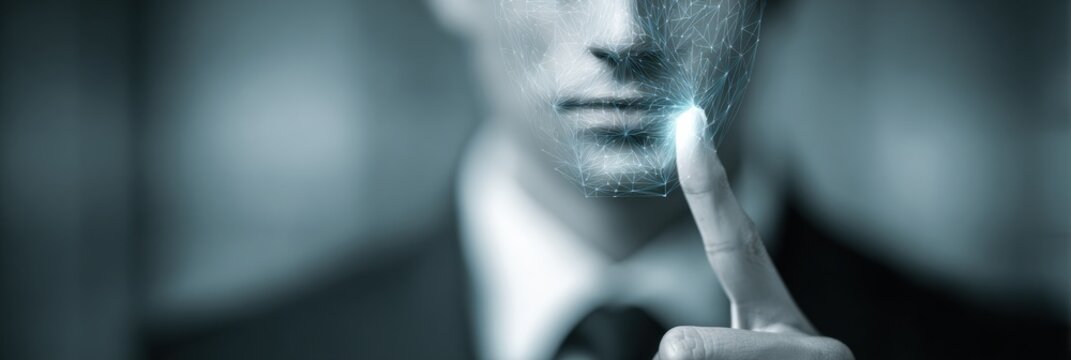 Modern Technology Concept Showcasing Facial Recognition Through a Man Using His Finger to Interact With a Digital Screen in a Sleek Environment