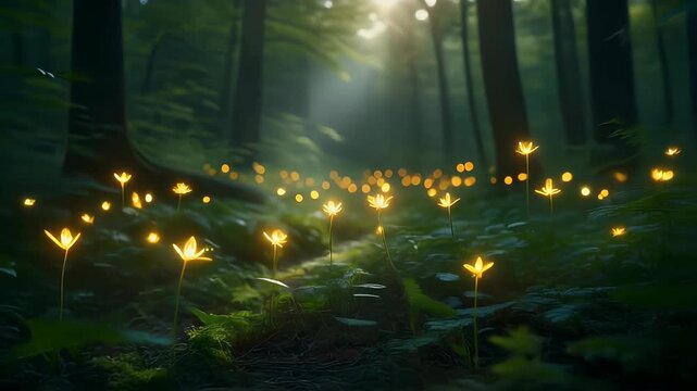A magical forest floor illuminated by glowing golden flowers under dappled sunlight.