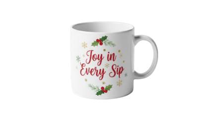 Joy in every sip Christmas mug with holly and berries isolated on a transparent background