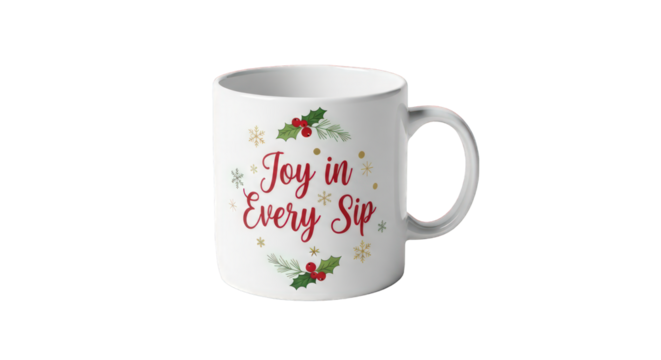 Joy in every sip Christmas mug with holly and berries isolated on a transparent background - Powered by Adobe