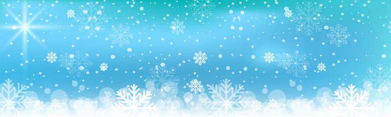 Winter scene with falling snowflakes and a bright star on a blue and teal gradient background, with a soft white snowy border at the bottom.