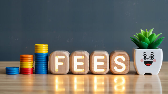 Wooden blocks spelling fees with colorful stacks and a smiling plant pot on a reflective surface create a playful financial concept illustration for business and education use