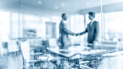Business Professionals Engaging in a Handshake in a Modern Office Setting With a Cityscape View in the Background