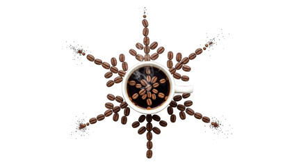 A cup of coffee with a coffee bean snowflake isolated on a transparent background is festive.