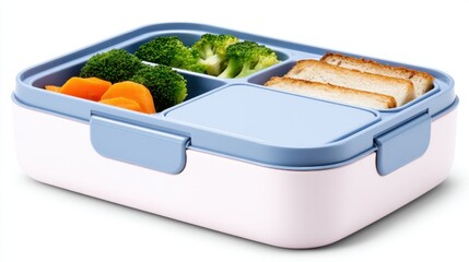 Colorful lunch box filled with broccoli, carrots, and toast, set against a clean kitchen background