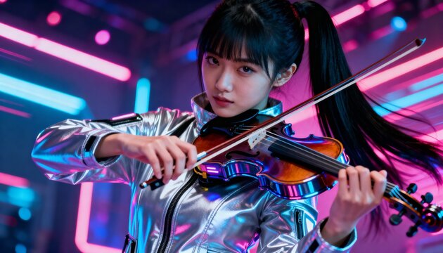 A young Asian woman in a silver jacket playing a violin in a futuristic setting. Musician performing on stage with vibrant pink and blue neon lights. Cyberpunk music and technology concept