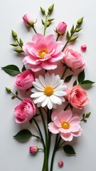 Obraz premium A bouquet of pink and white flowers on a white surface