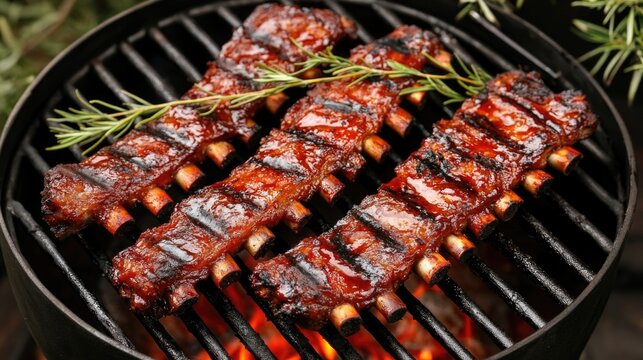 A detailed close-up view of succulent barbecue ribs with a smoky glaze, cooking slowly in a smoker or grill, with visible grill marks and a rich