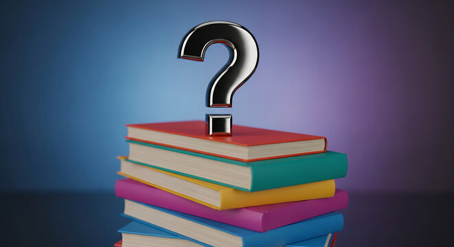 Stack of colorful books with a metallic question mark on top, representing education, knowledge, curiosity, and the search for answers or solutions