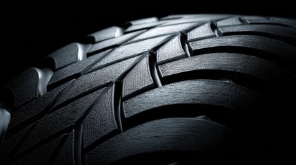 Detailed Close-Up View of a Car Tire Showcasing Unique Tread Design and Texture Under Dramatic Lighting Conditions