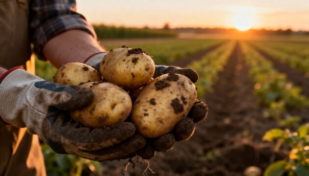 Farmer holding a fresh harvest of potatoes in a field at sunrise. Close-up of hands with organic vegetables from the farm