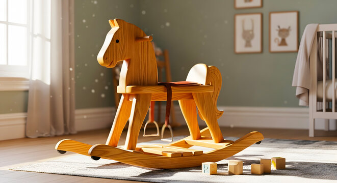 Warm sunlight bathes a classic wooden rocking horse in a bright, inviting child's nursery, evoking peaceful childhood memories and imaginative playtime dreams