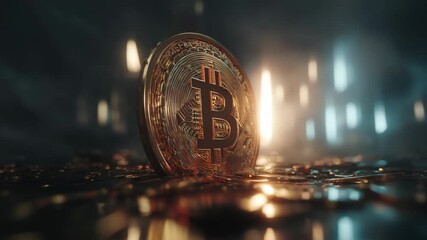 Shiny bitcoin coin on reflective surface with dramatic lighting