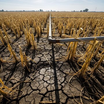 Long irrigation pipeline system stretching across a parched field with dead crops in summer