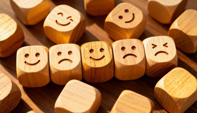 Wooden blocks with facial expressions showing a range of emotions. Customer satisfaction, feedback, and review concept. Mood rating from happy to sad