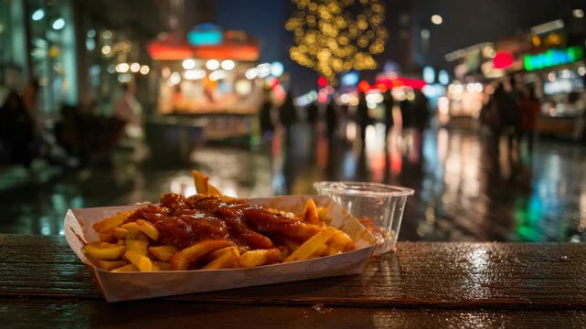 Nighttime street food scene with currywurst and fries in city lights